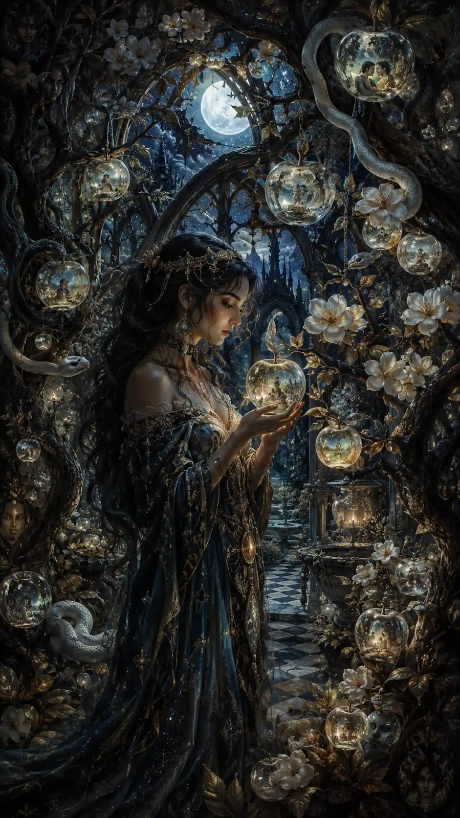 An enchantress tends a moonlit orchard of luminous crystal apples
