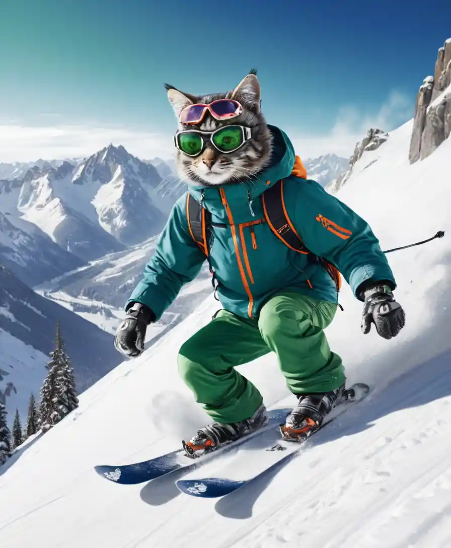 A cat snowboards down a steep snowy mountain in bright sunlight