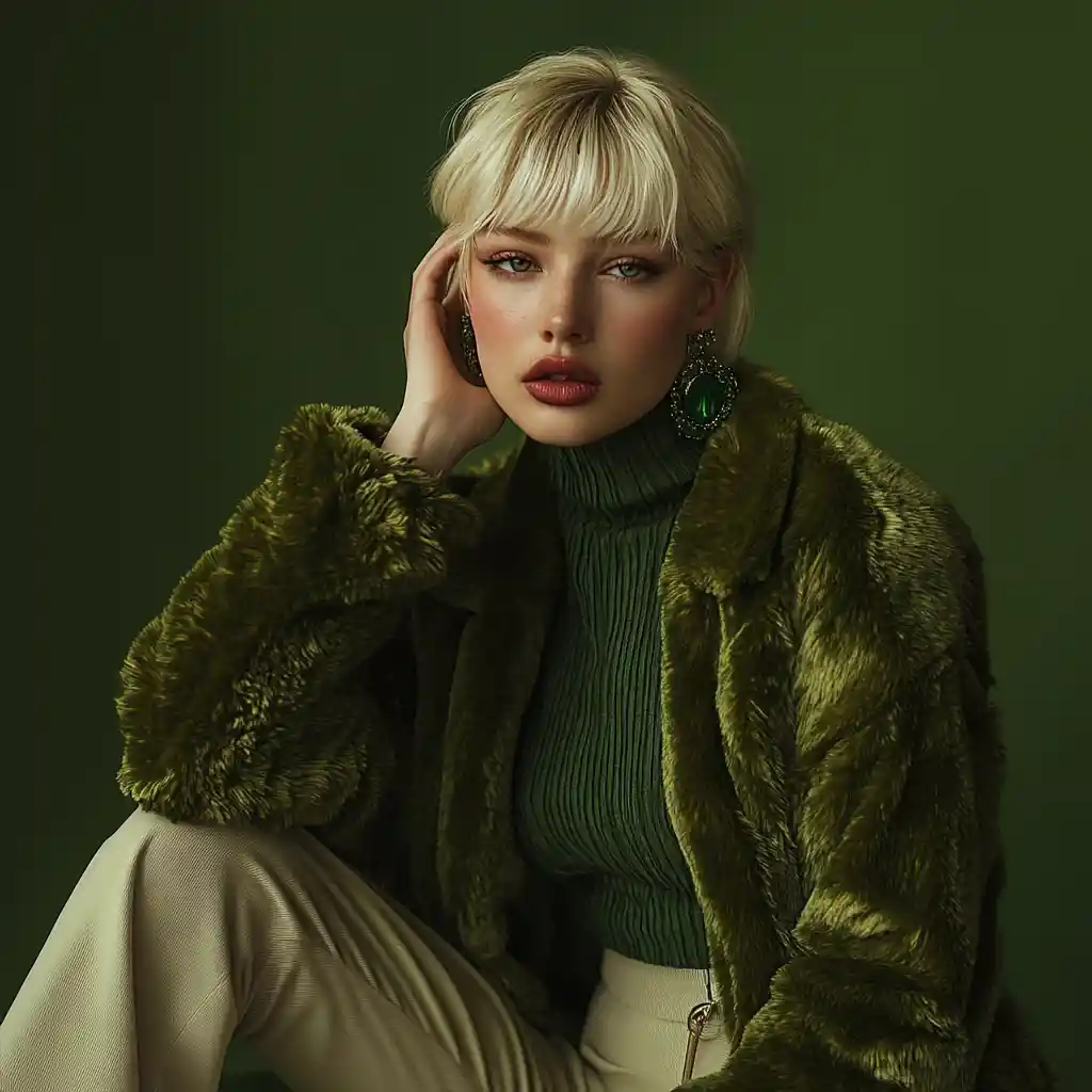 Blonde fashion model poses in emerald layers against a sage studio backdrop