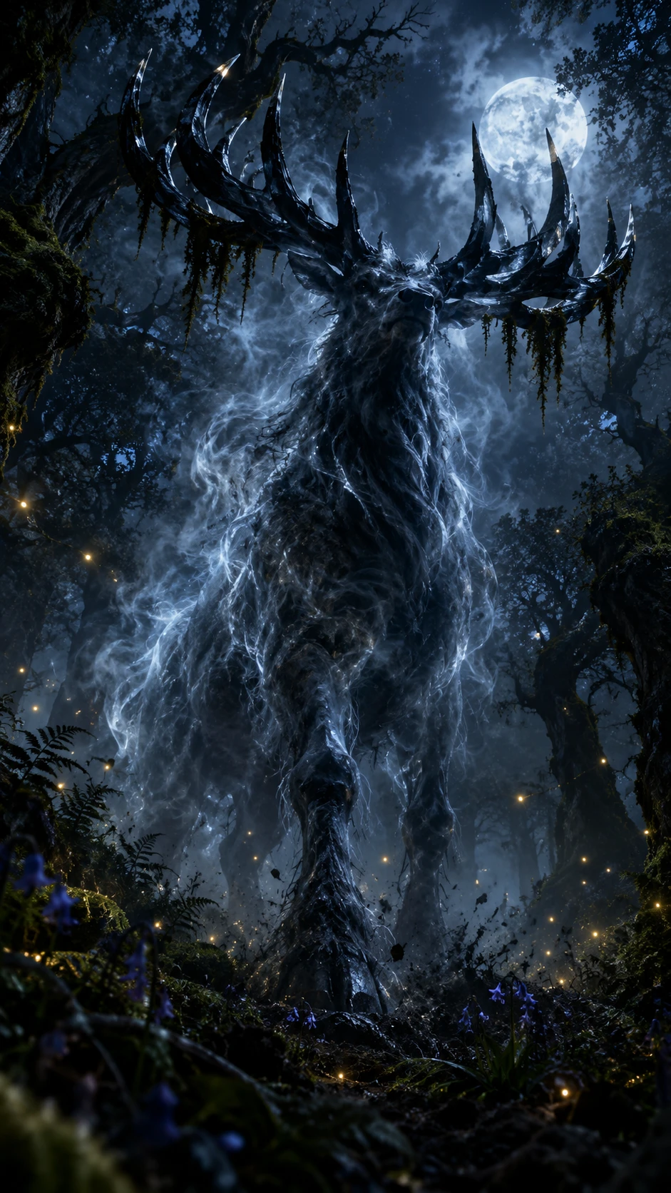 午夜時分，幽靈雄鹿聳立於古老森林之上