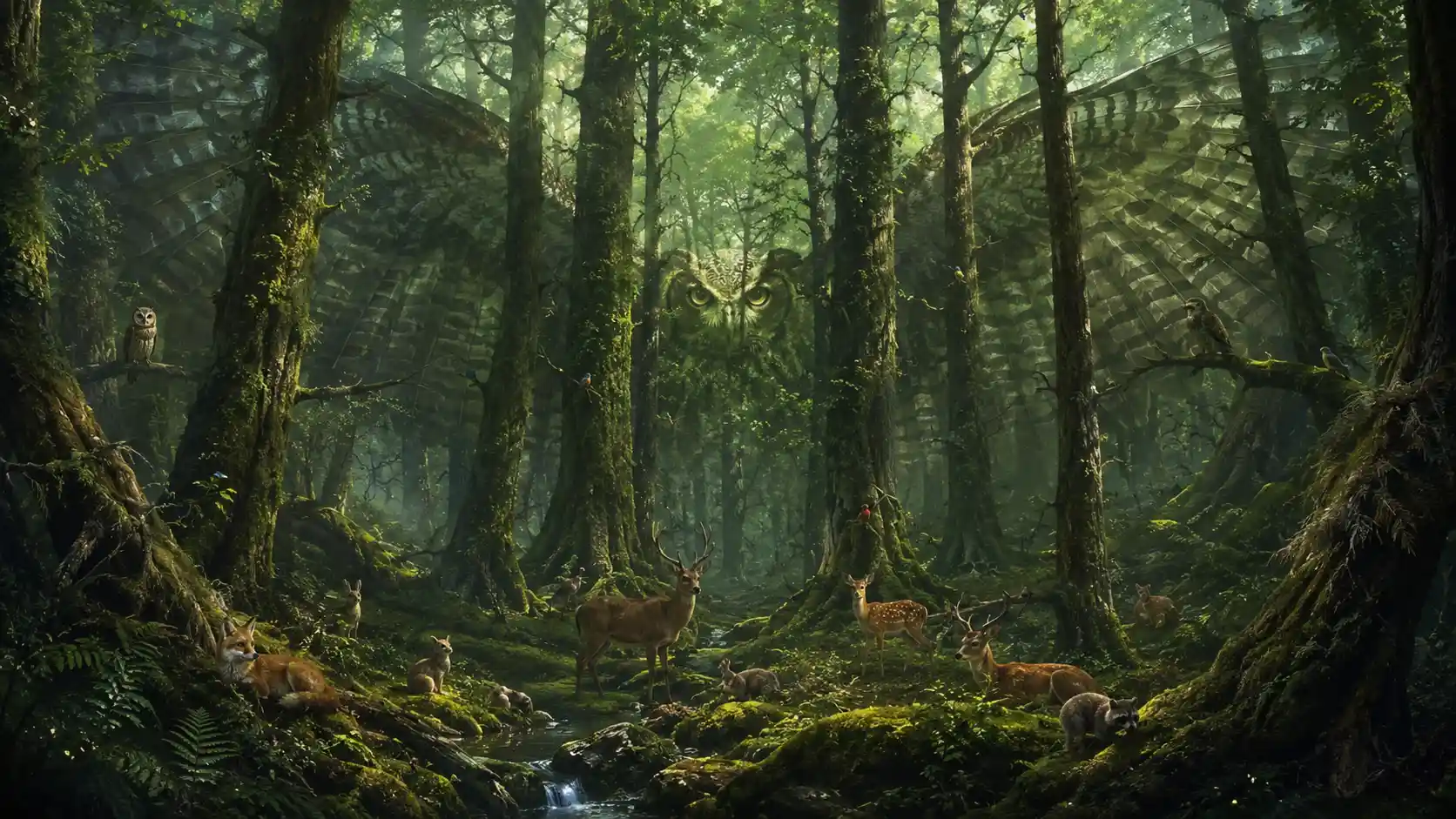 An ancient woodland revealing enormous owl wings between towering trees