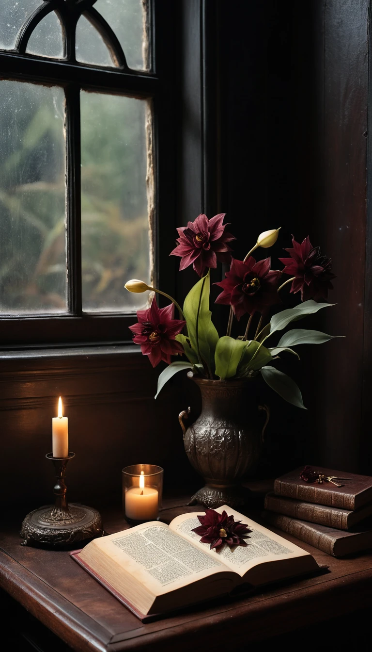 Ein gotisches Bogenfenster rahmt ein stimmungsvolles Halloween-Blumenstillleben ein