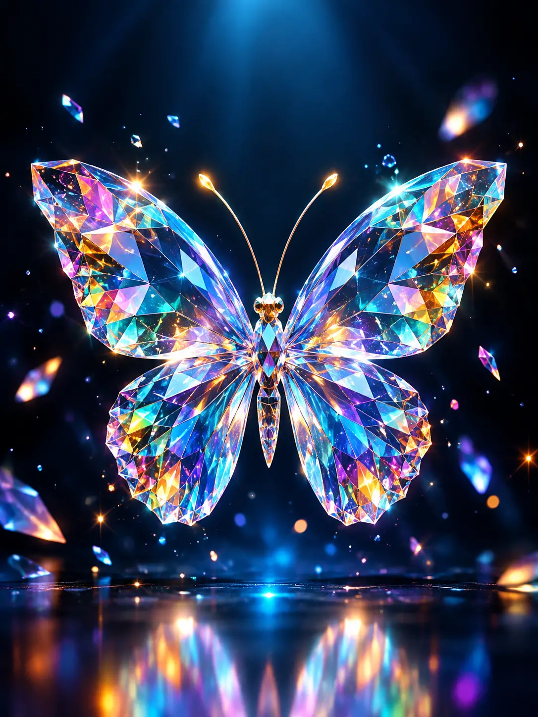 A translucent butterfly formed from iridescent geometric crystal particles