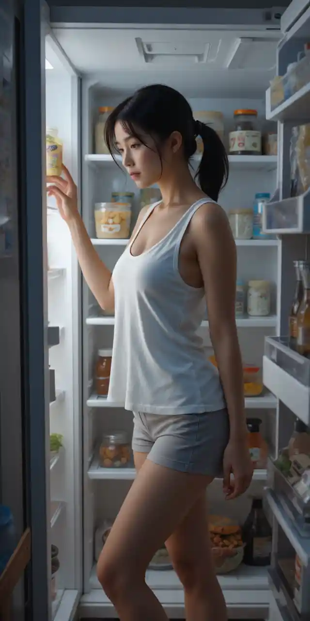 A Japanese Woman Reaches Into Her Refrigerator For Water At Night
