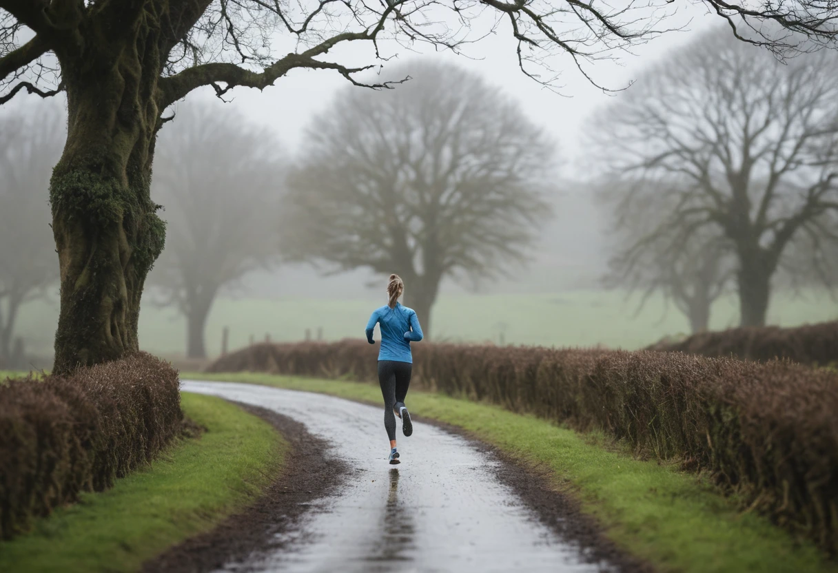 A lone woman runs along a countryside path on a rainy day