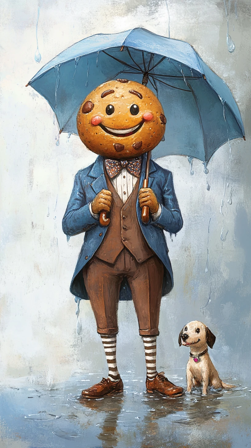 A smiling cookie gentleman stands beneath an umbrella with his small dog