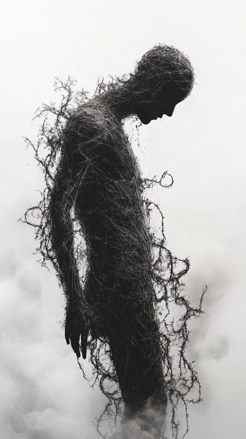 A mime stitches torn clouds with invisible thread in a surreal portrait