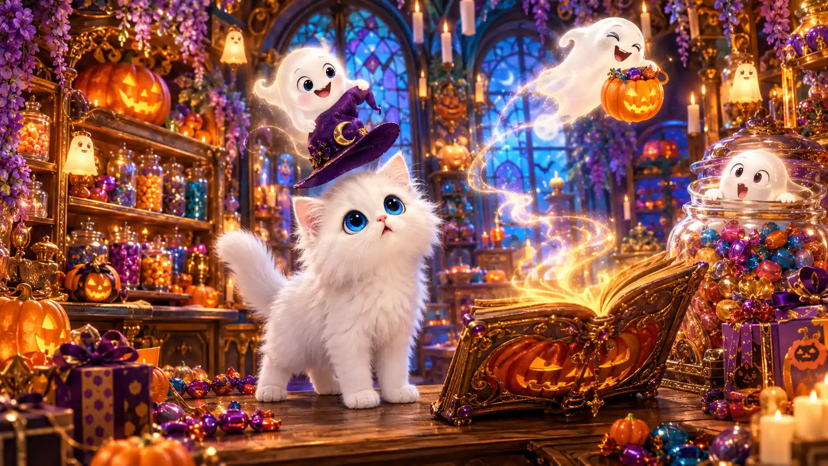 A White Kitten Wearing a Violet Witch Hat with Sapphire Eyes