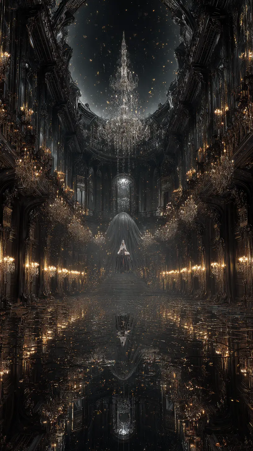 An upside-down Victorian ballroom floats above a black ocean