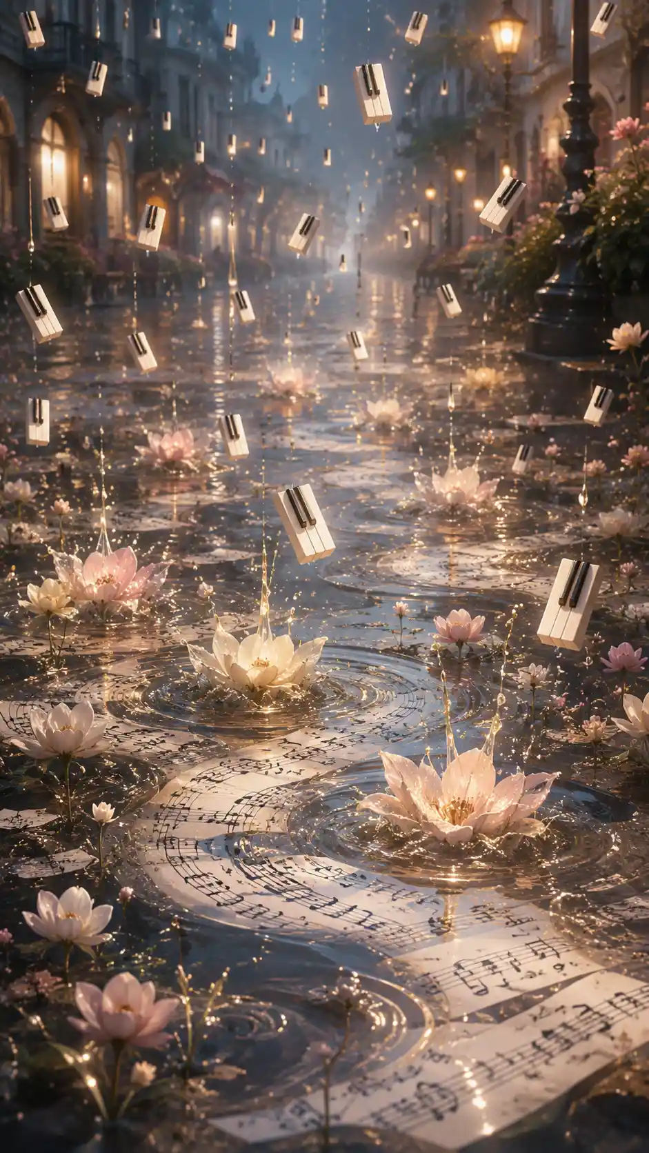 De minuscules touches de piano tombent comme la pluie et éclaboussent fleurs et partitions
