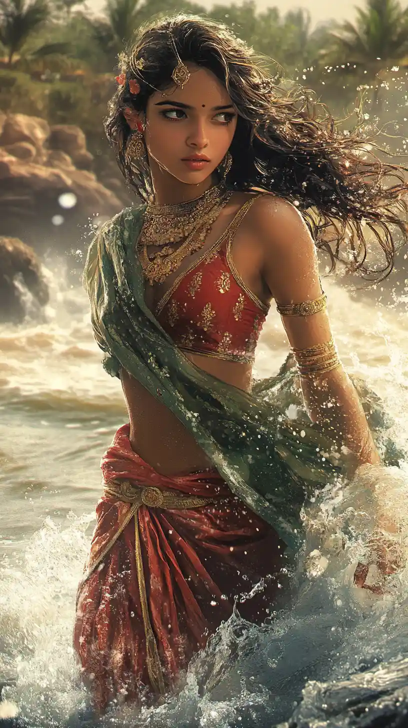 A Woman Crosses a Swollen River Amid Waves and Rocks