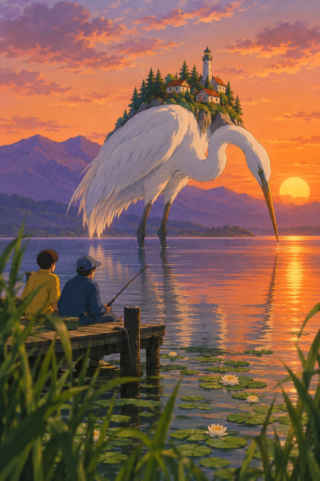 A giant white egret carries a tiny island across a sunset lake
