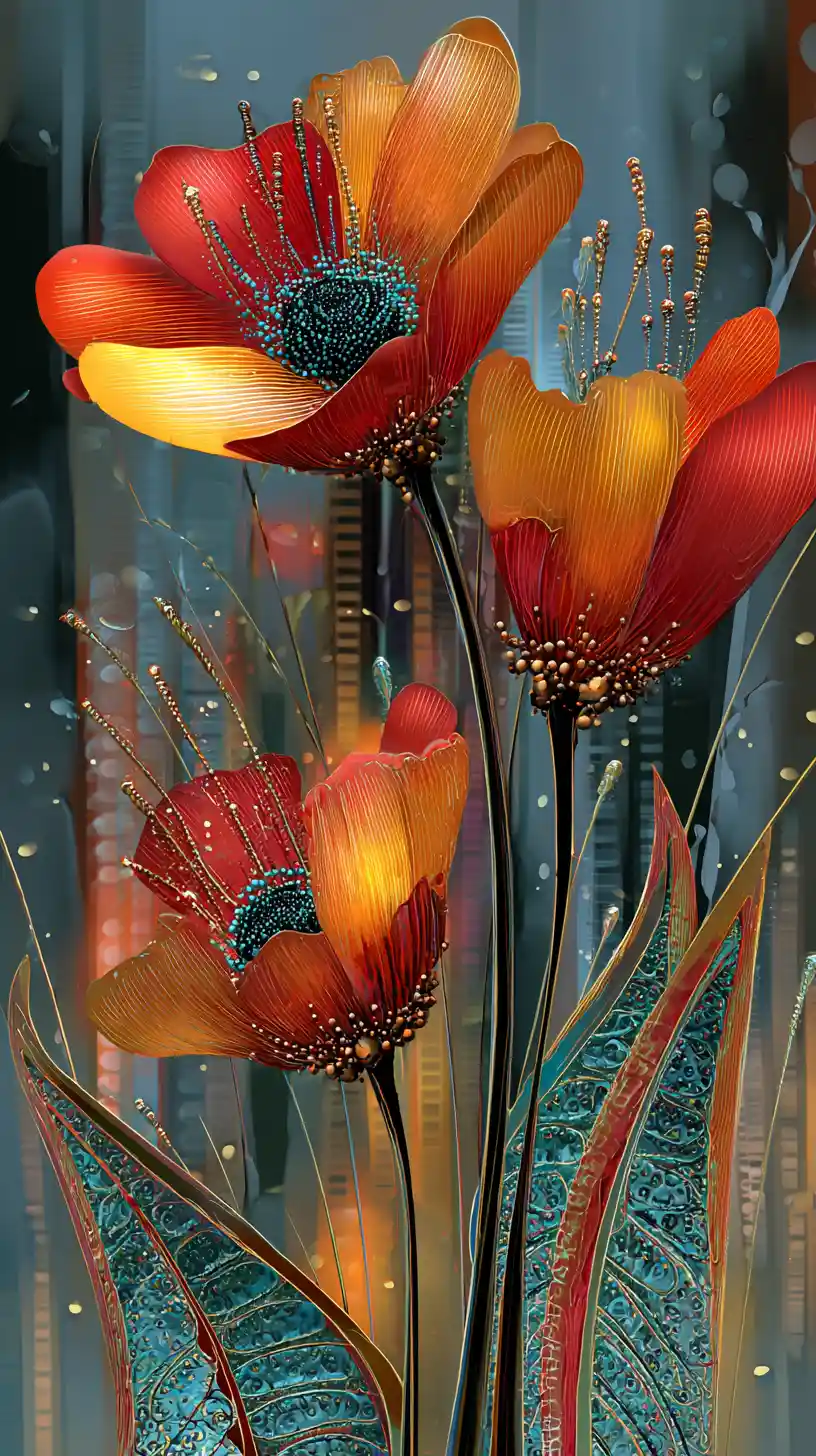 Glossy flowers rise above an abstract illuminated cityscape in surreal digital art