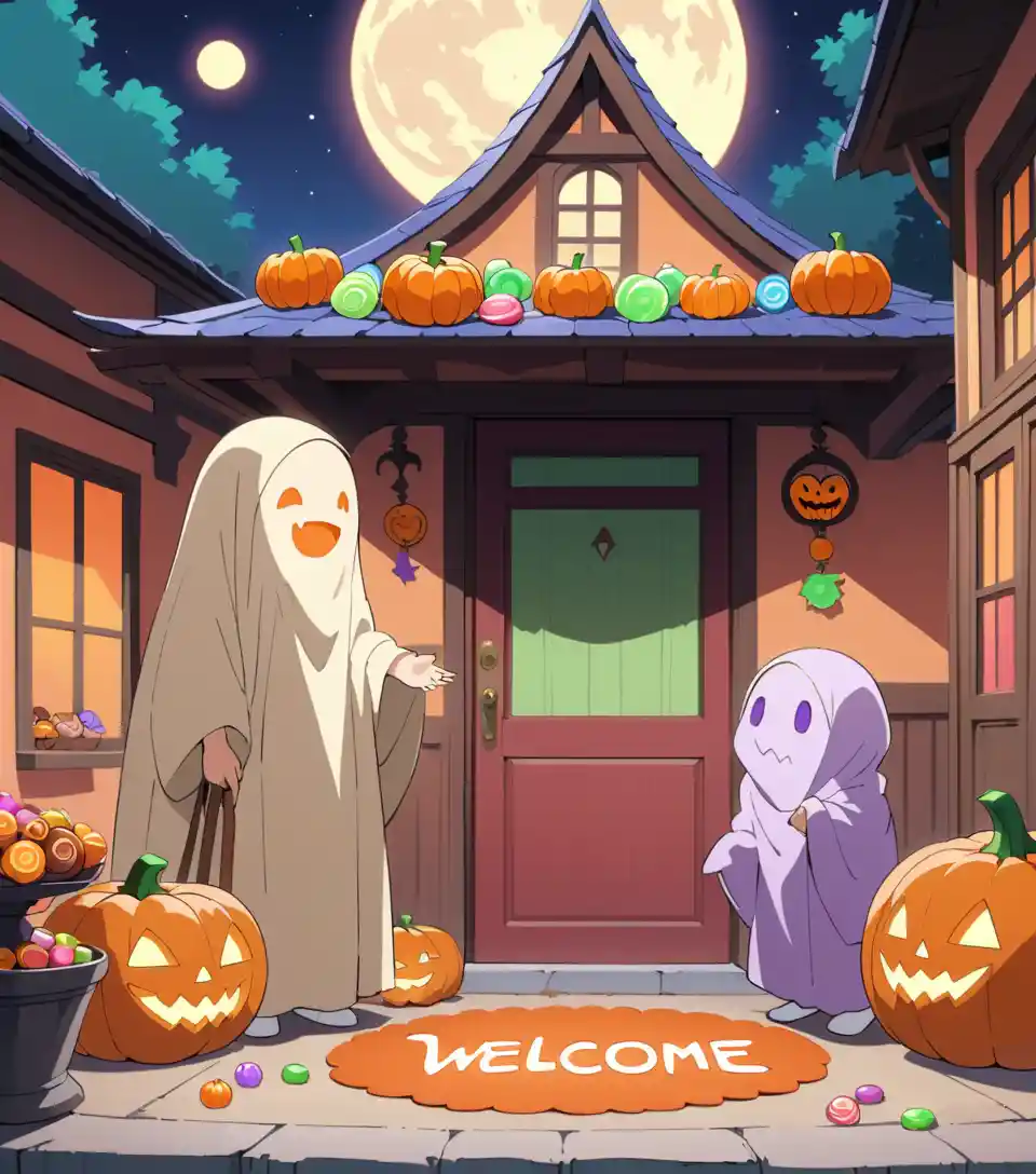 Three children made of Halloween candy stand on a decorated porch
