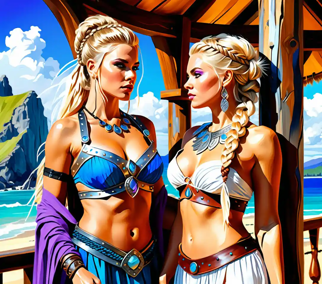Norse warrior and sorceress in a viking longhouse
