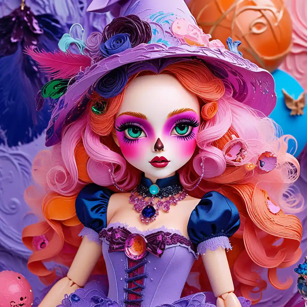 A fantasy witch doll rests her face in both hands