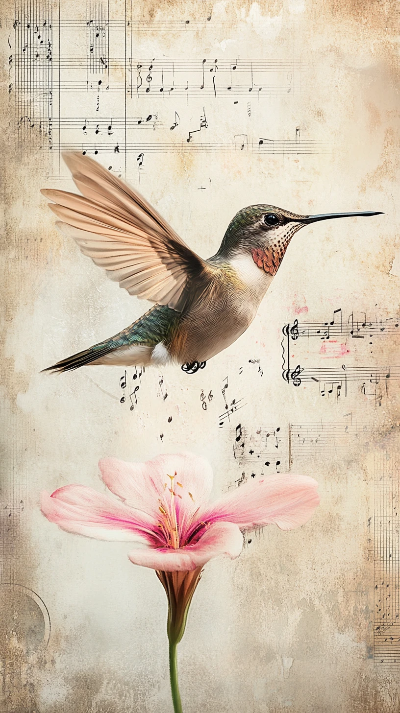 Davanti a un unico fiore, le ali del colibrì si scompongono in notazione musicale