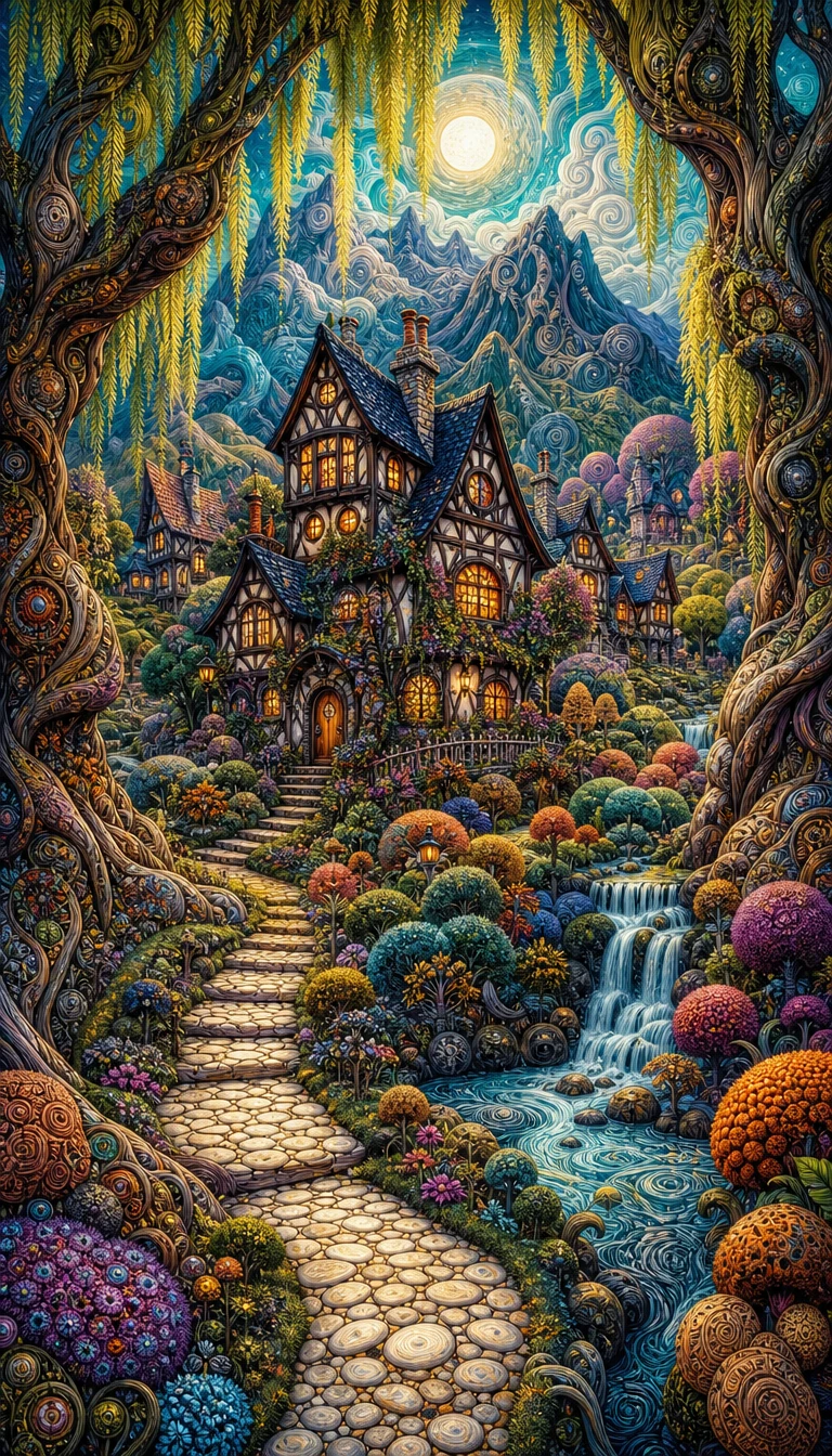Ein Tudorhaus erstrahlt in einem surrealen, verwunschenen Dorf