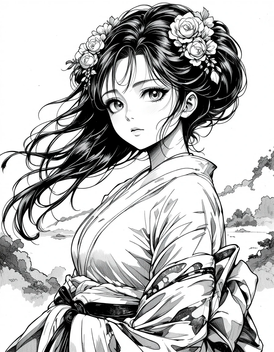 A geisha portrait rendered in expressive black and white manga lines