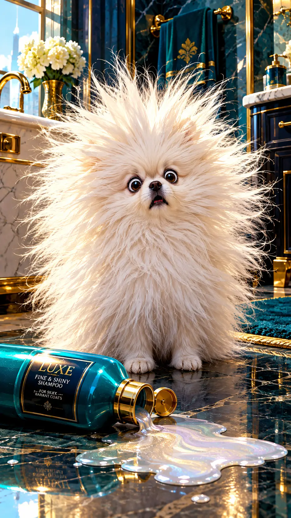 蓬鬆的白色博美犬坐在豪華浴室裡，旁邊是打翻的洗髮精
