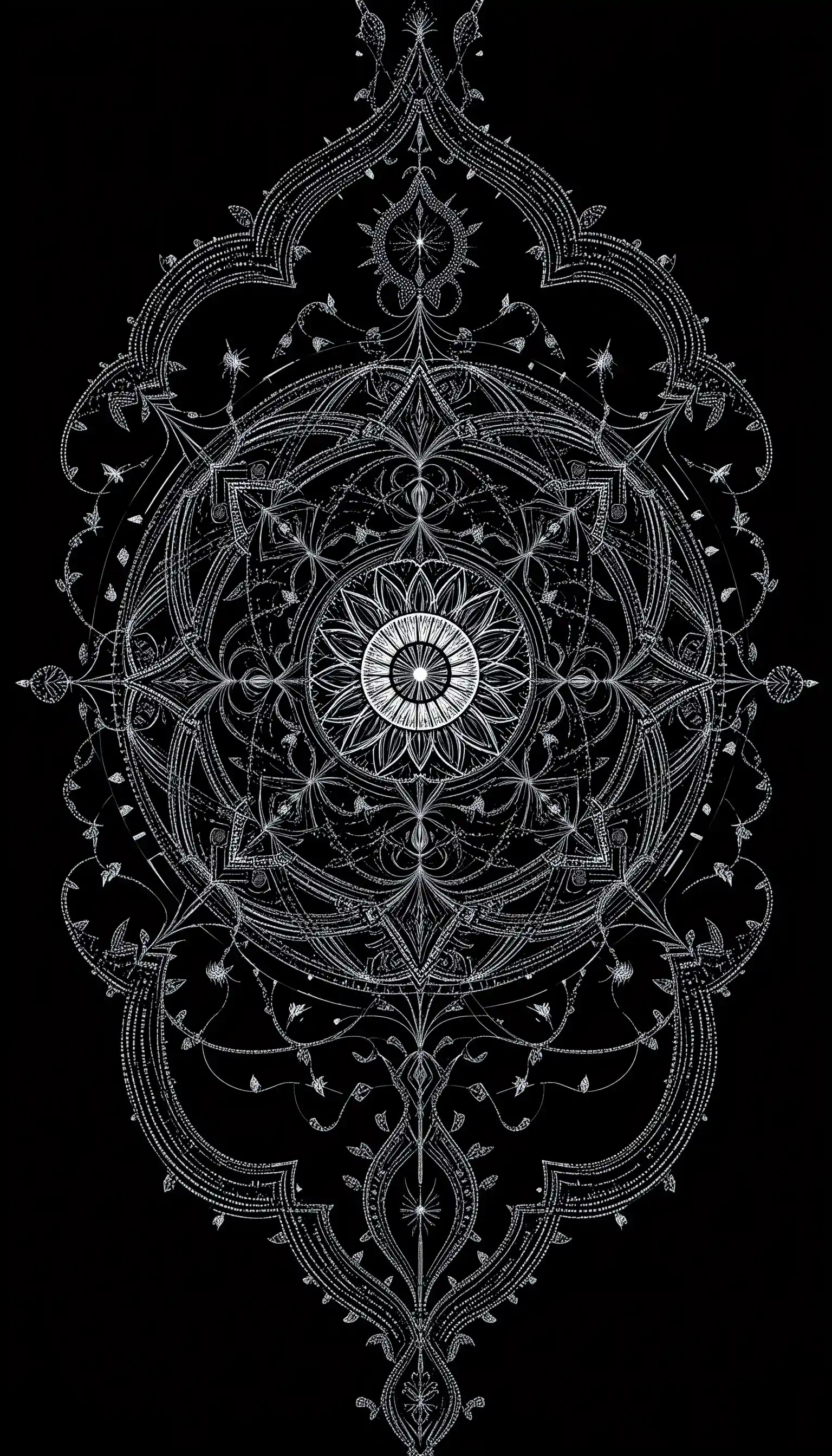 A monochrome botanical mandala built from sacred geometric dot patterns