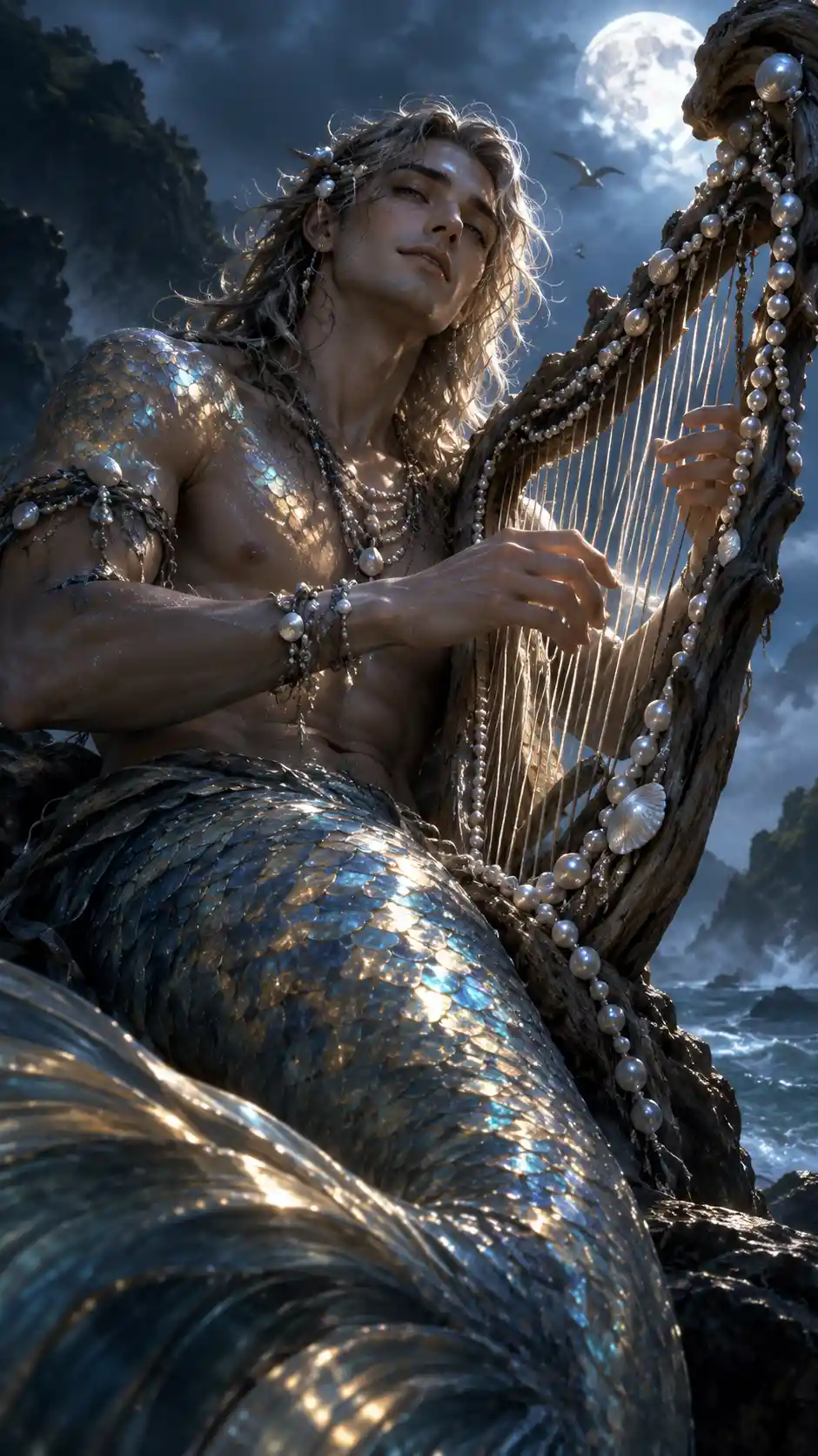 A male siren plays a driftwood and pearl harp in a moonlit cove