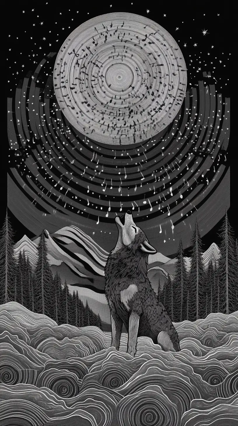 A wolf howls beneath a moon of musical staves and spirals