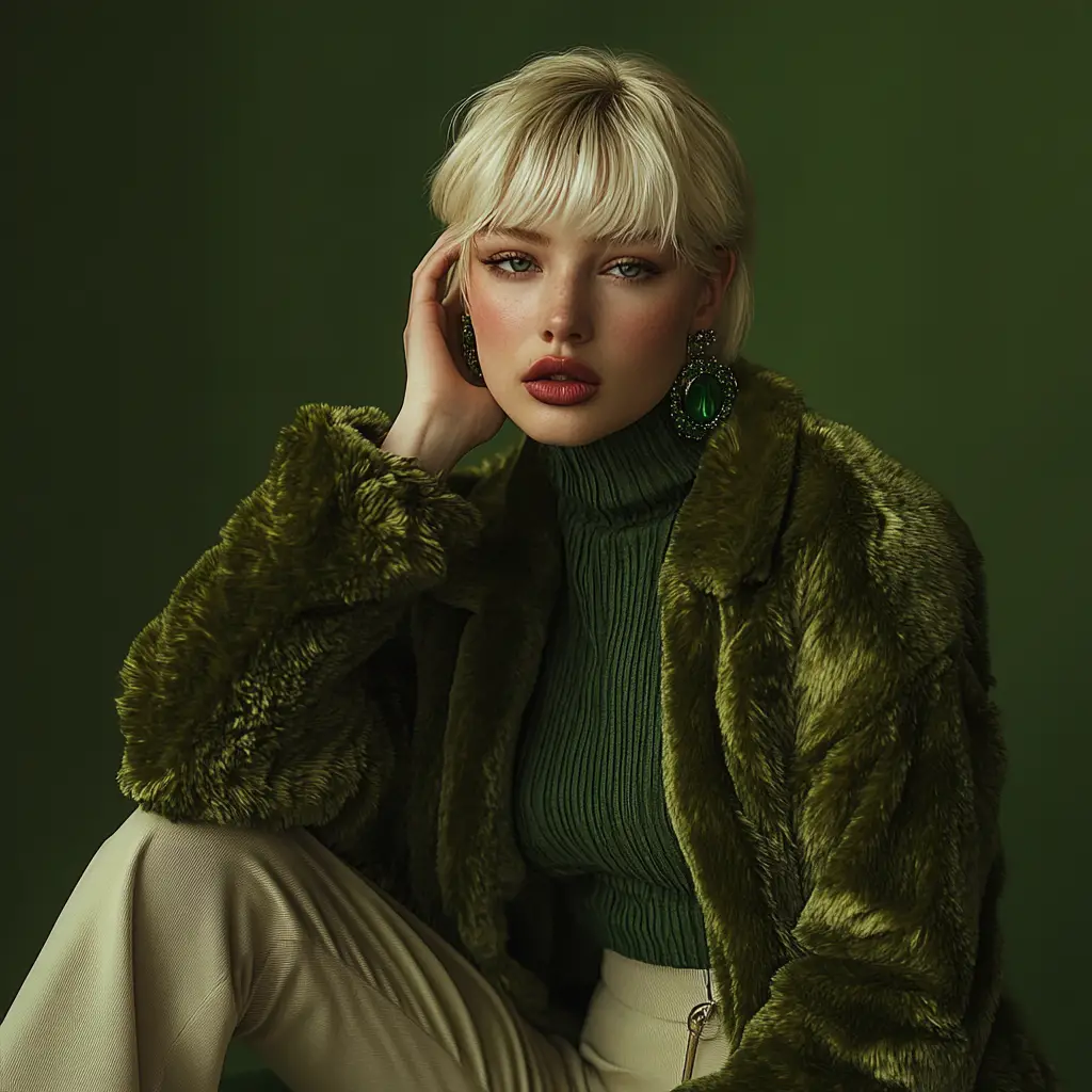 Blondes Model posiert in Smaragdgrün vor salbeigrünem Studiohintergrund