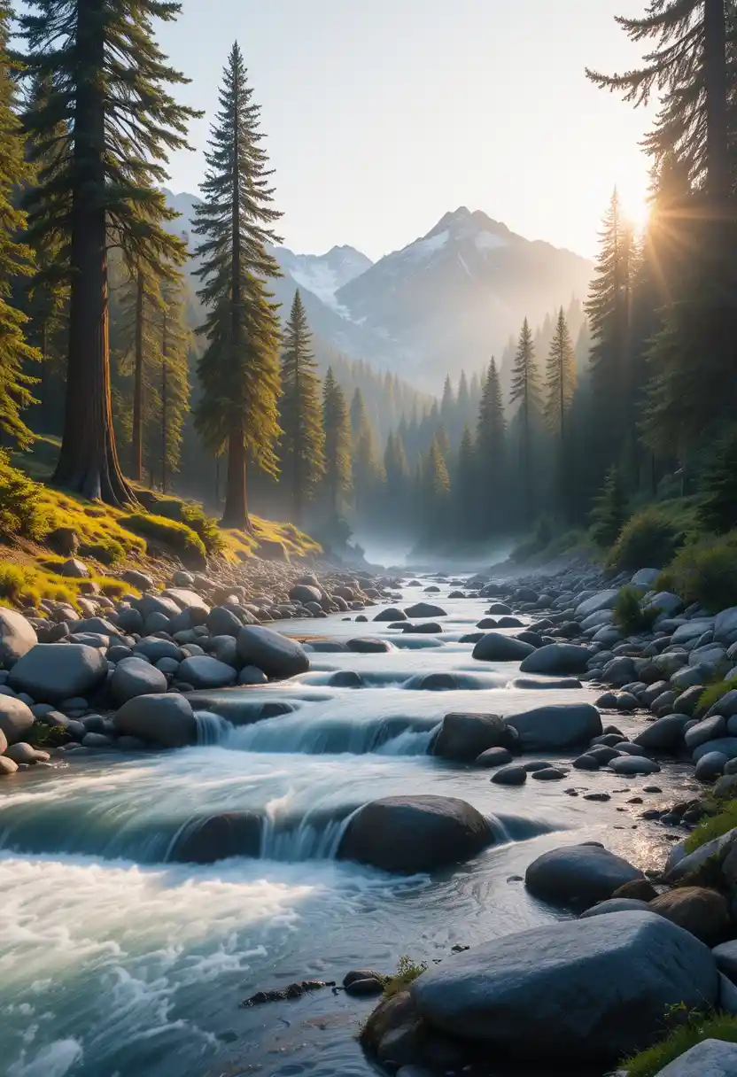A Clear Mountain Stream Flows Beneath Sunlit Redwood and Pine Trees