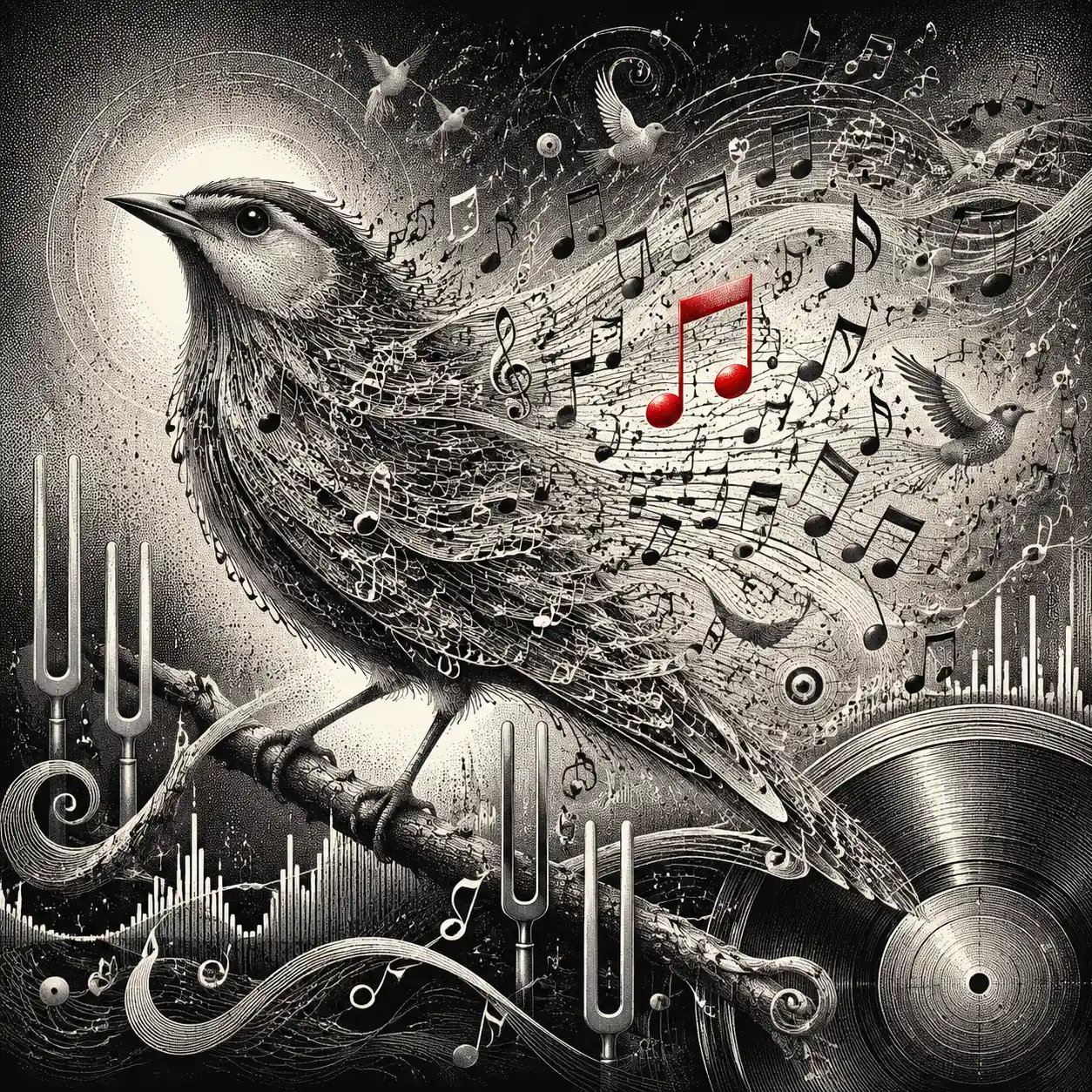 A perched songbird blends into flowing musical scores and soundwave patterns