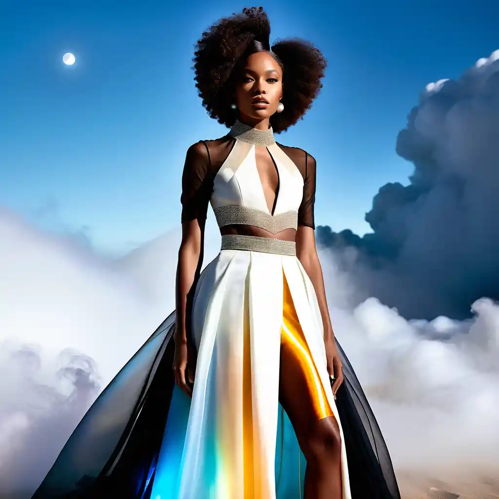 A fashion editorial portrait in couture shaped from two weather phenomena