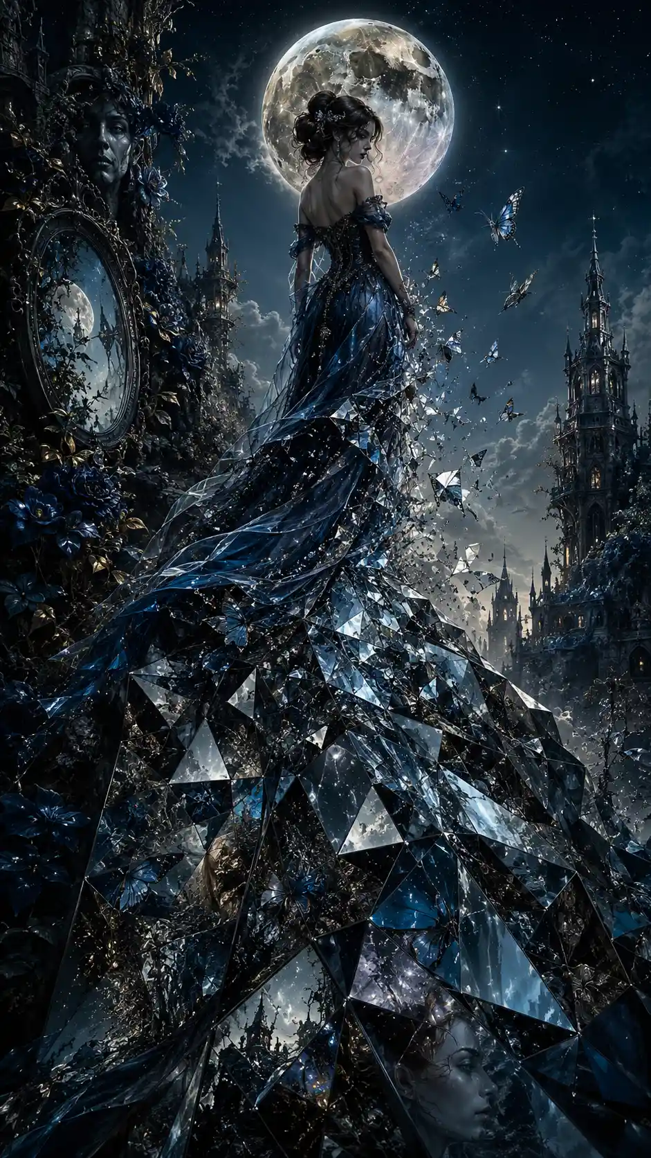 A young woman stands atop a mountain of fractured mirrors and crystal ice