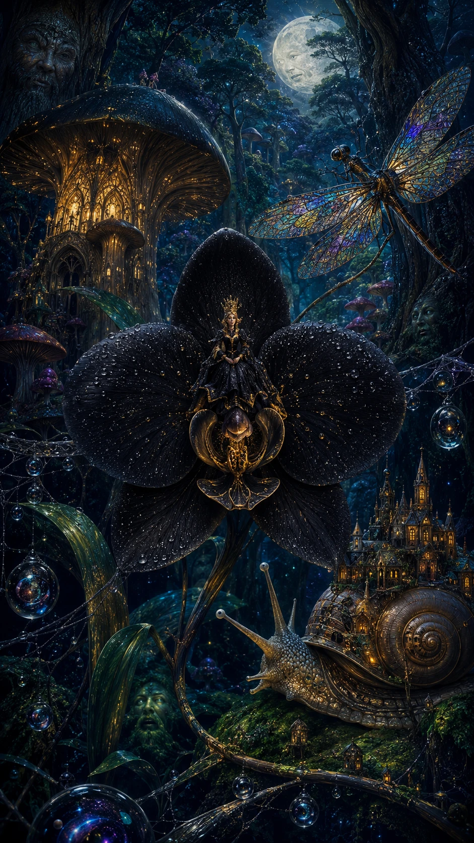 A tiny royal figure rests upon a black orchid in an ancient forest