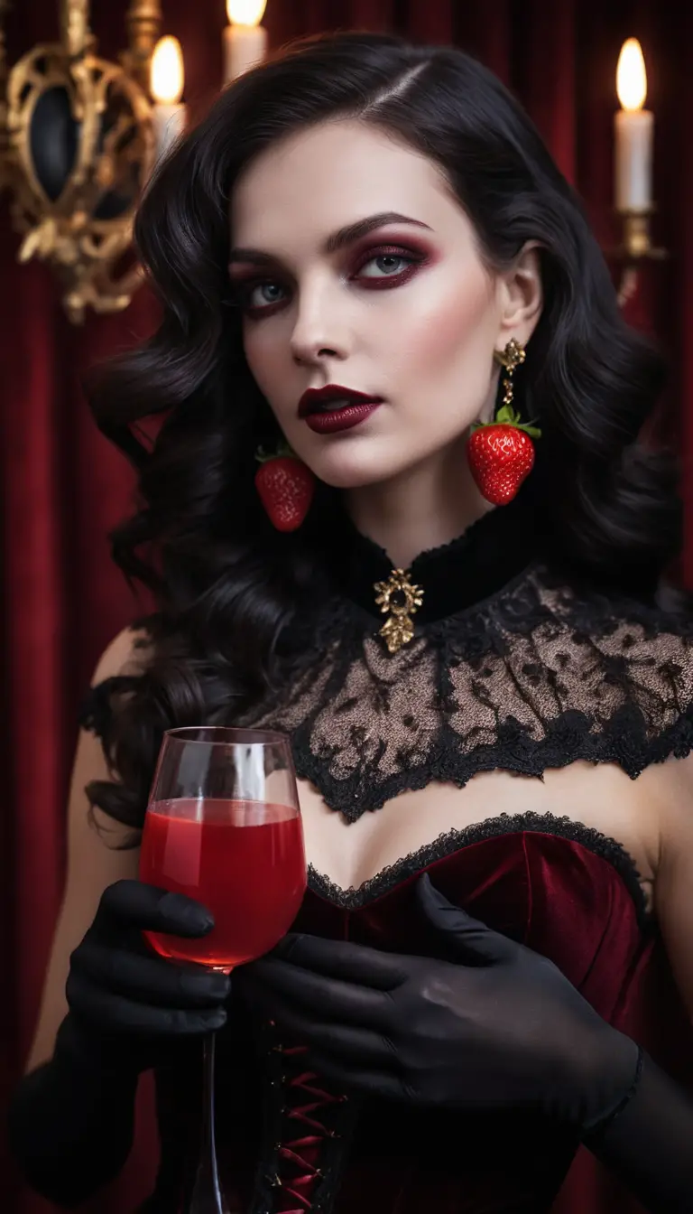 A vampire woman bites a strawberry at a gothic Halloween party