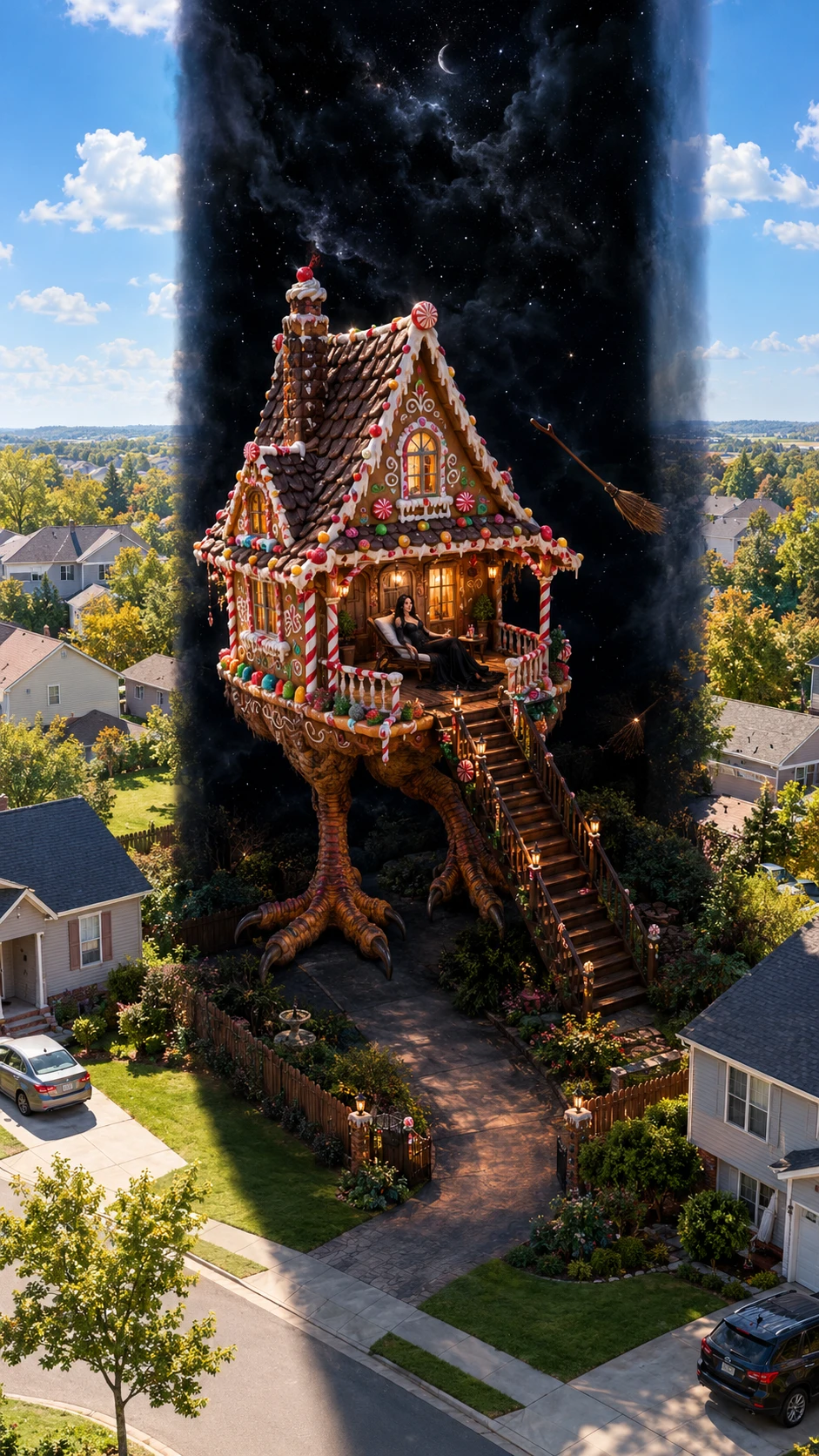 A gingerbread witch's cottage stands on a giant chicken leg