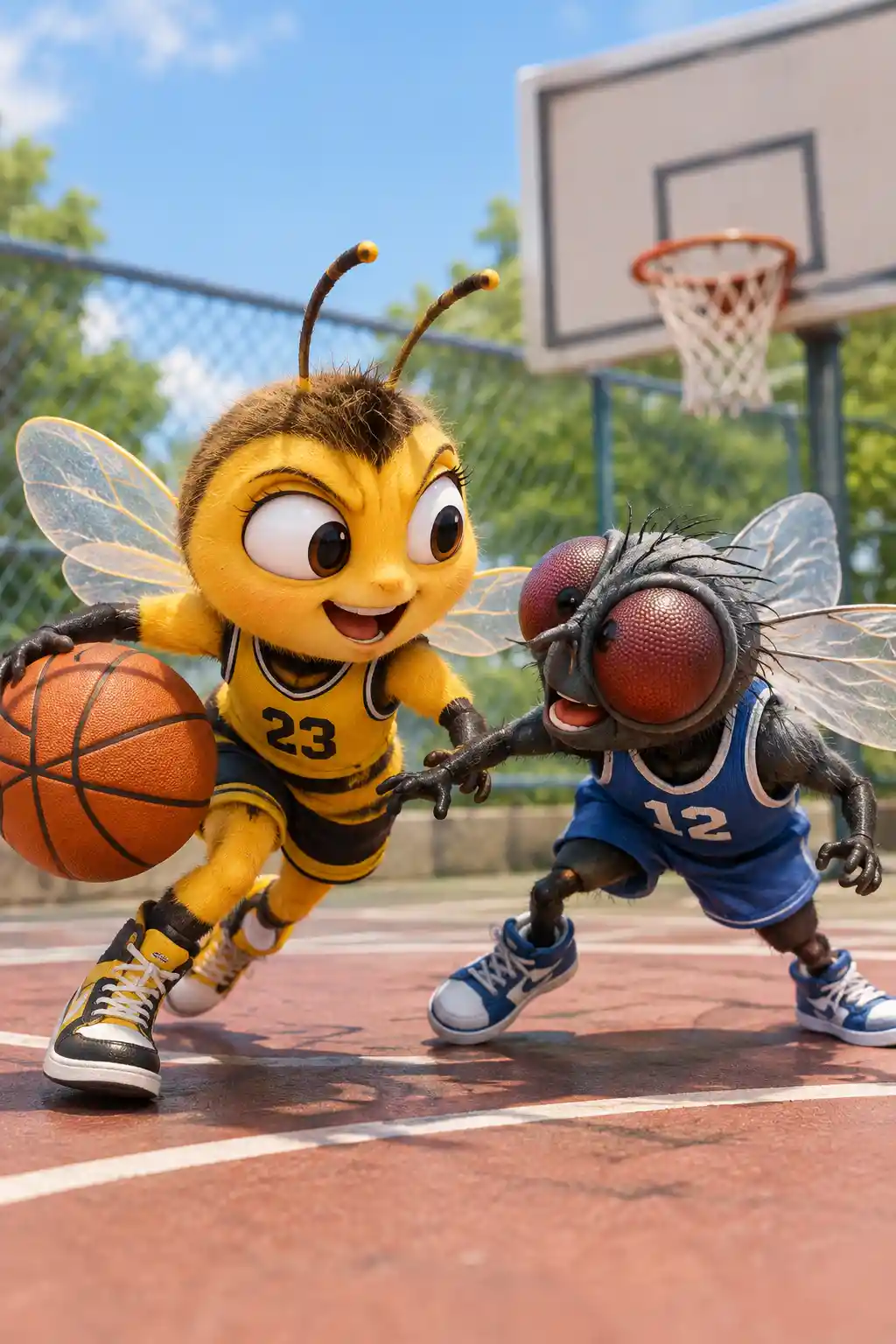 A cheerful bee contests a basketball with a playful fly on court