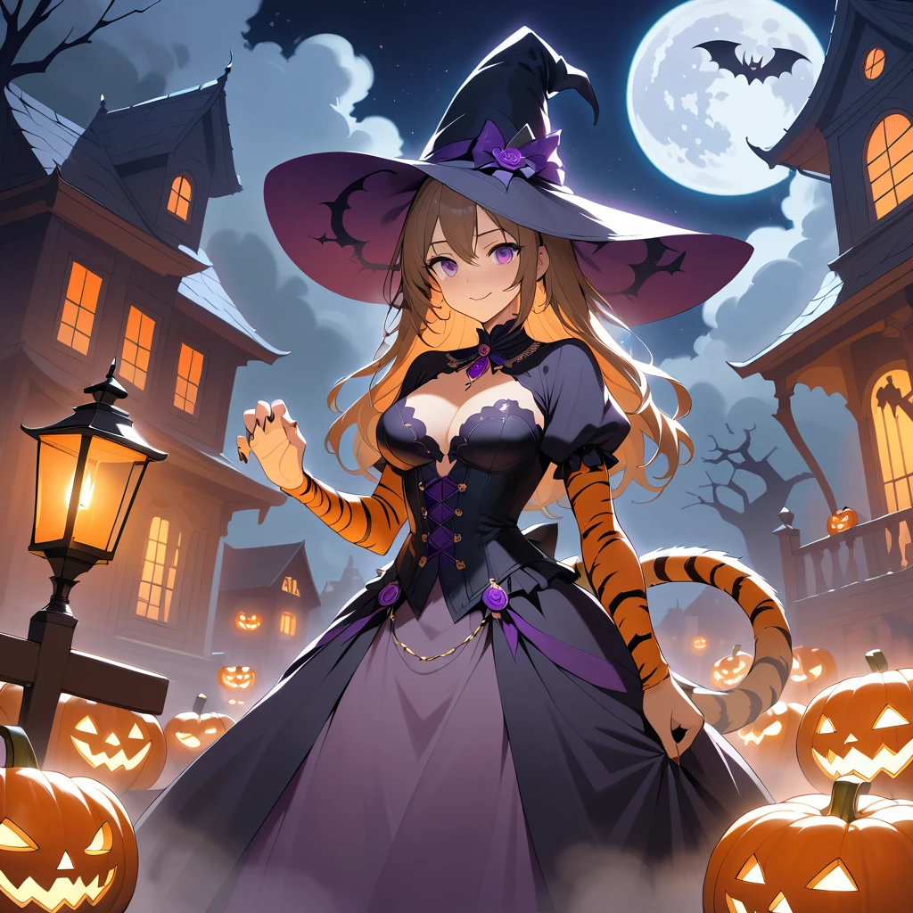 A Tiger Woman Celebrates Halloween Outside a Haunted Victorian House
