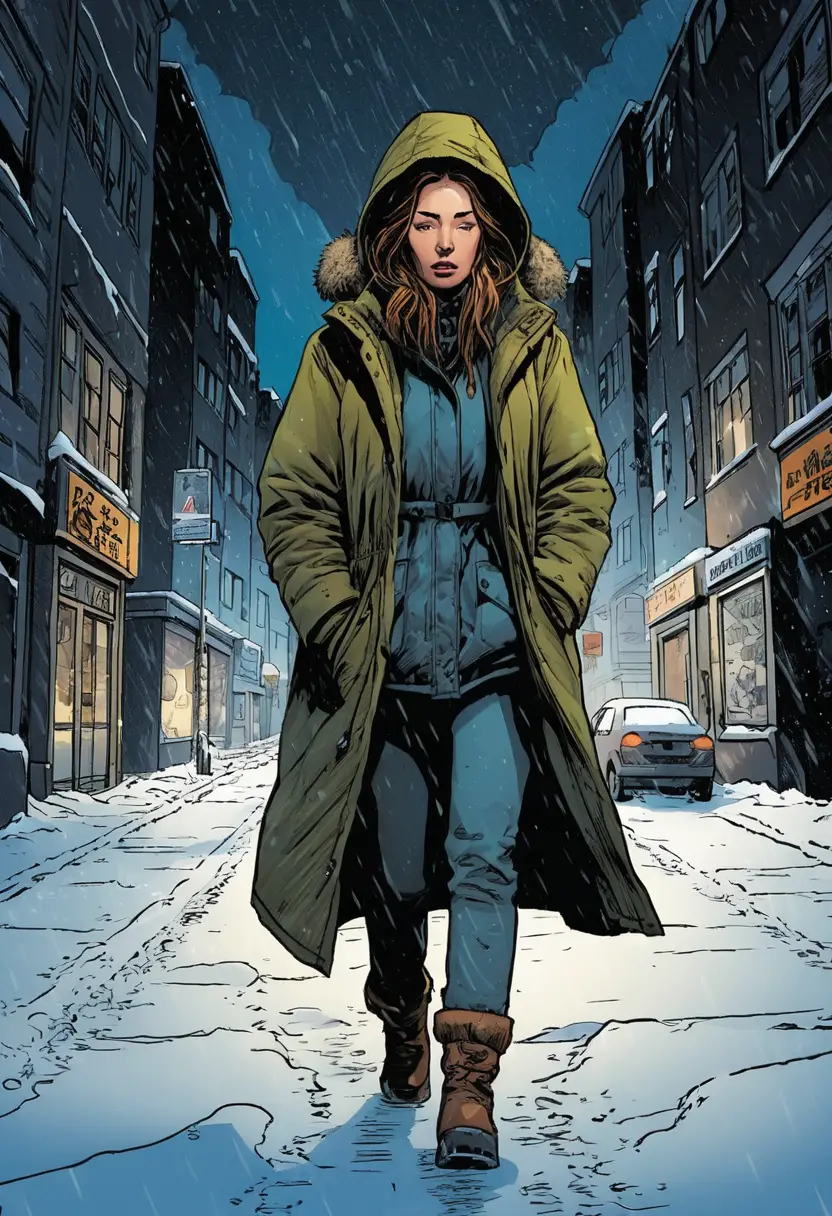 A Woman Trudges Through Deep Snow on a City Street at Night