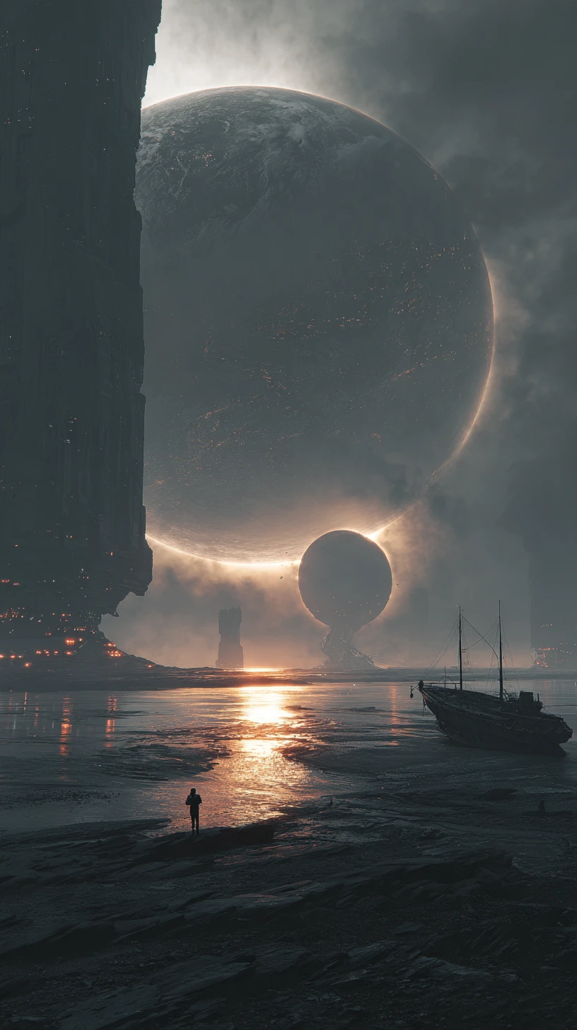 Un colossale alieno grigio tiene in mano una Terra in miniatura luminosa in una scena cinematografica
