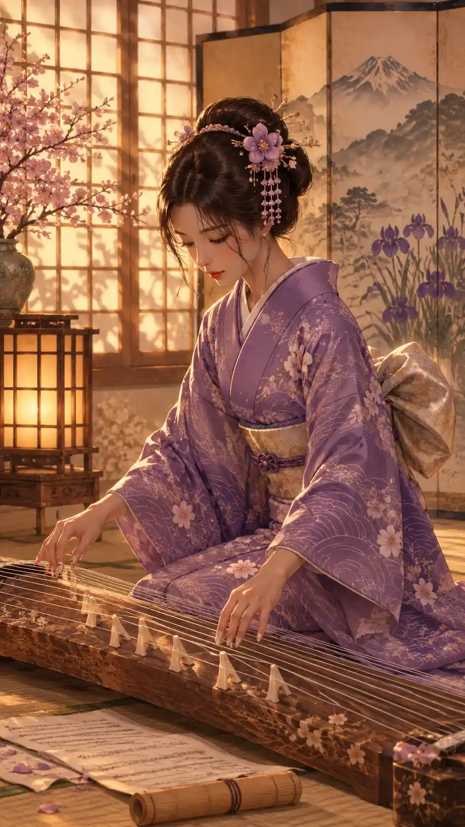 A traditional Japanese woman plays koto in a serene tatami room