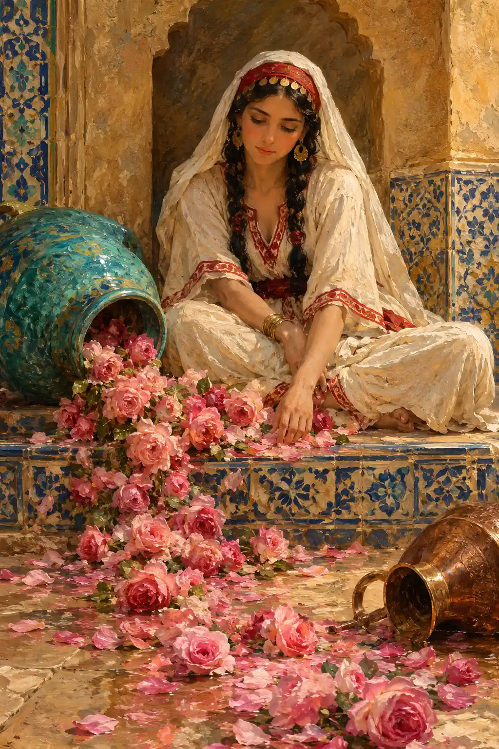 A veiled young woman surrounded by cascading pink roses