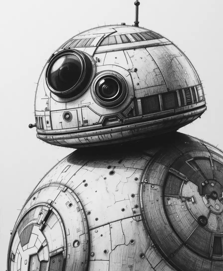 A close-up graphite portrait of BB-8 with intricate mechanical panels