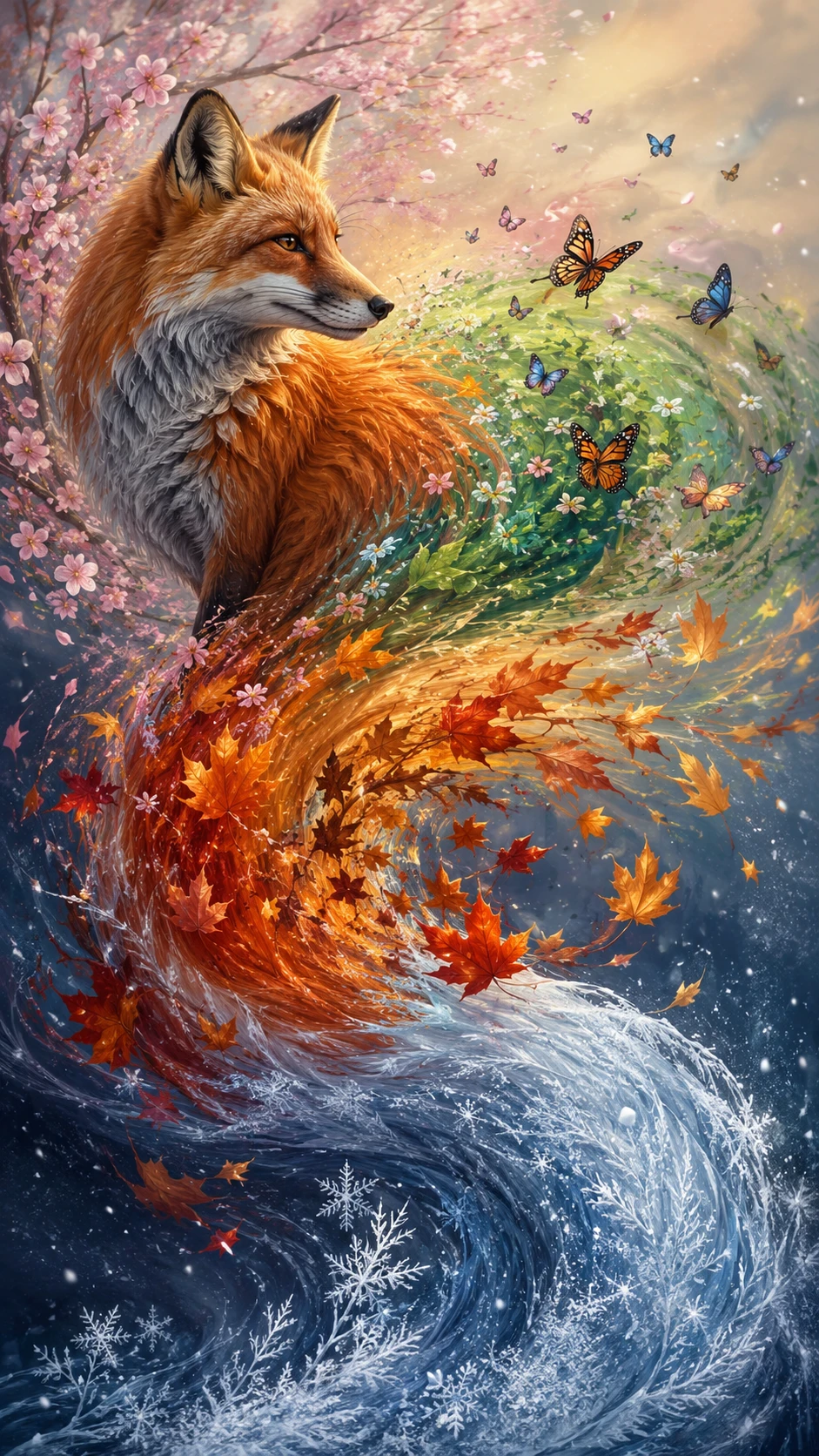 A Fox With a Tail Blending Four Seasons in One Flowing Vision