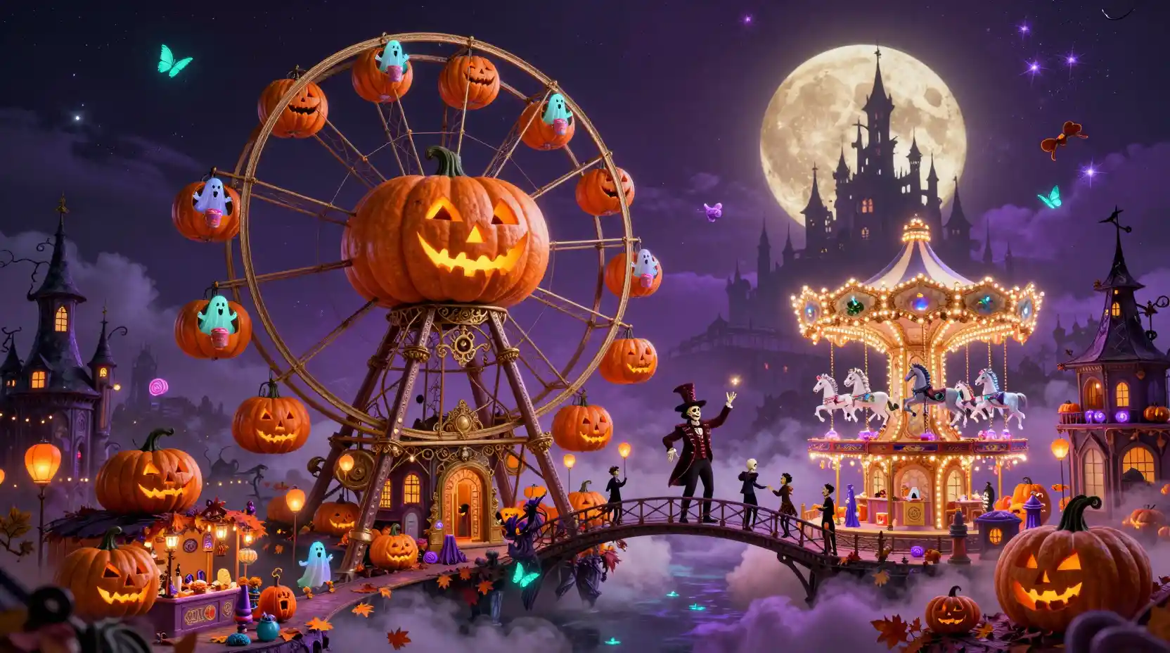 A floating ghost carnival drifts above glowing violet clouds at midnight