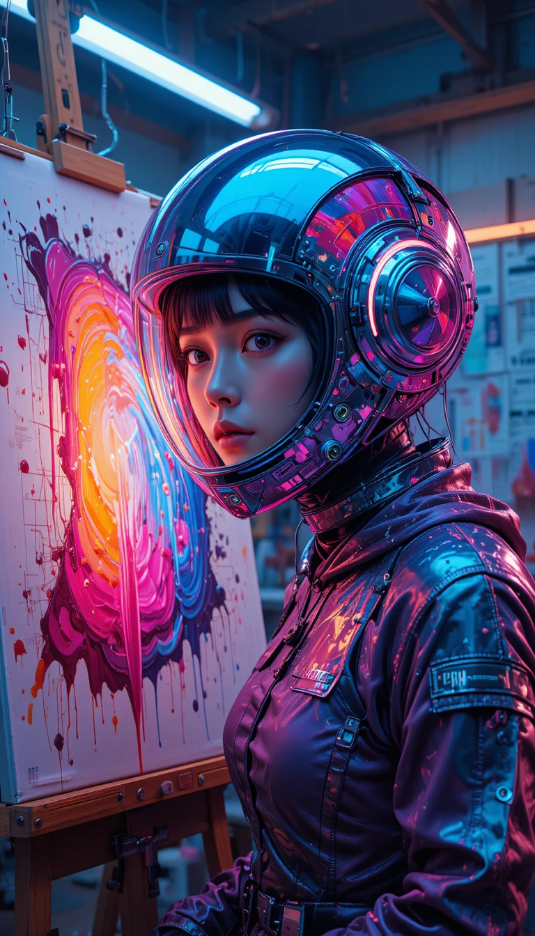 A chrome helmet connects to a self-painting easel in a workshop