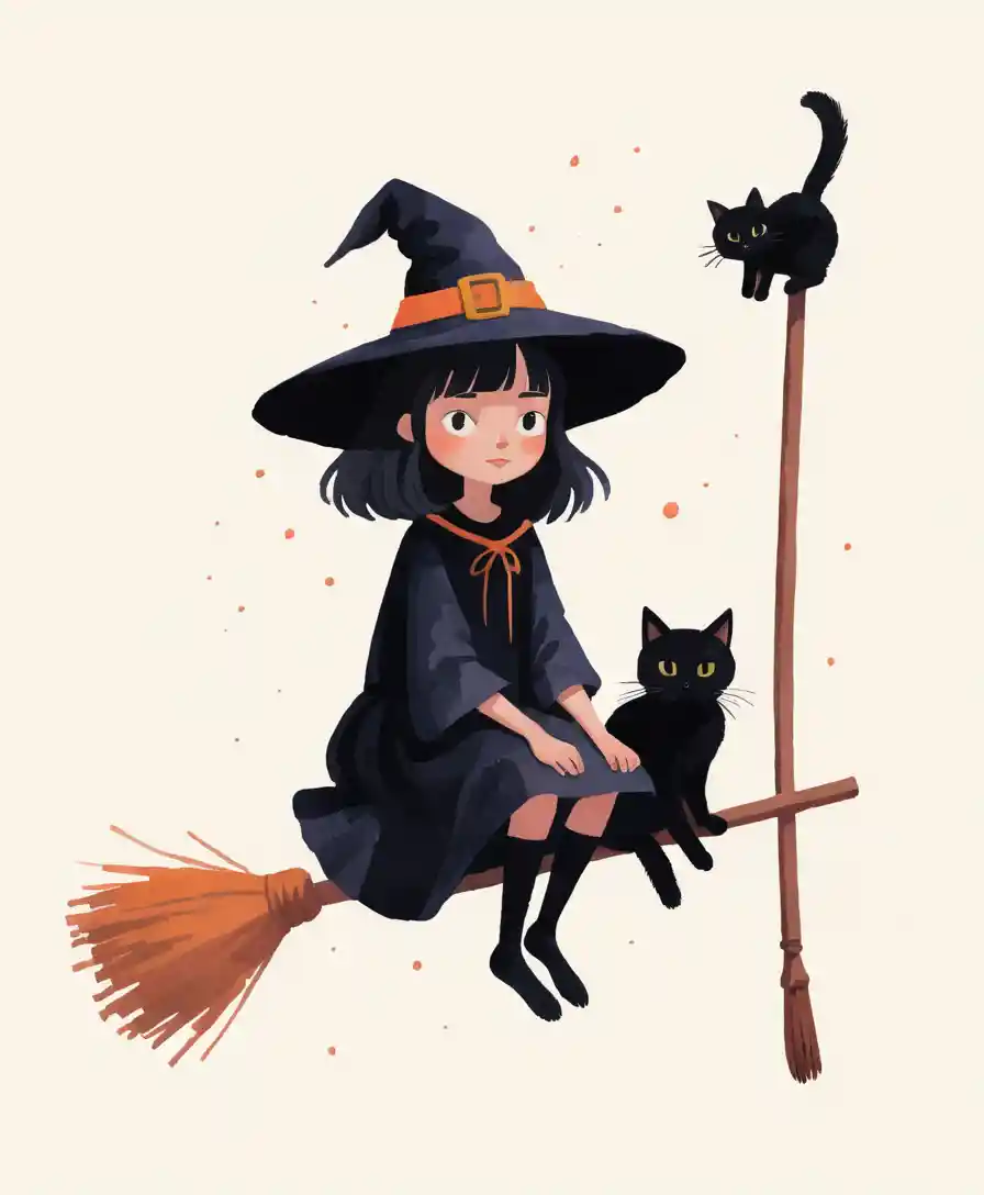 A Witch Sits Calmly on a Floating Broom Beside Her Black Cat