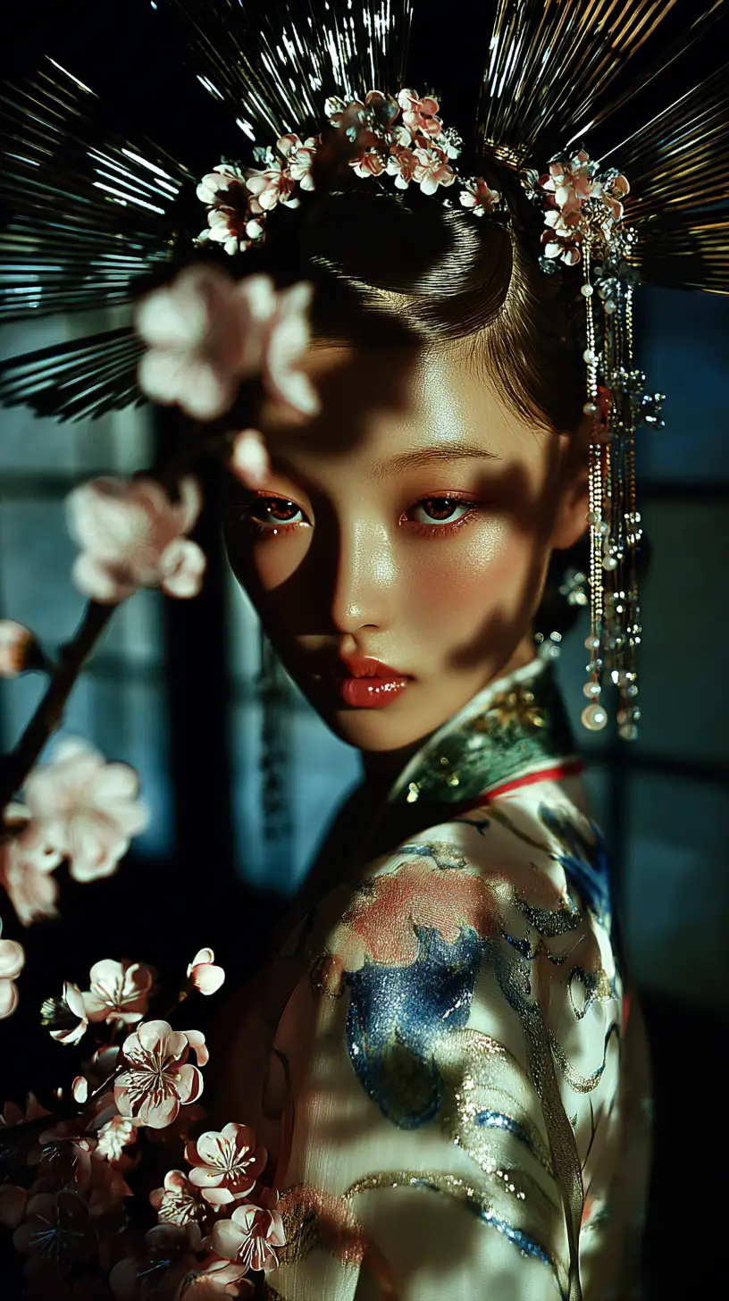 春日宮苑中手捧花枝的空靈奇幻女子