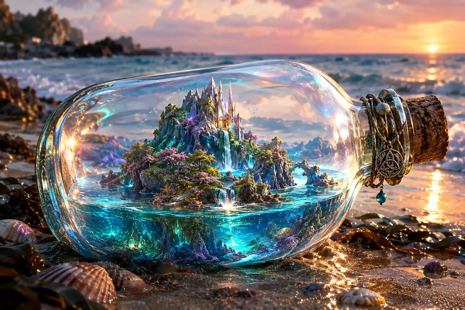 A tiny fantasy island rests inside a clear bottle on the beach