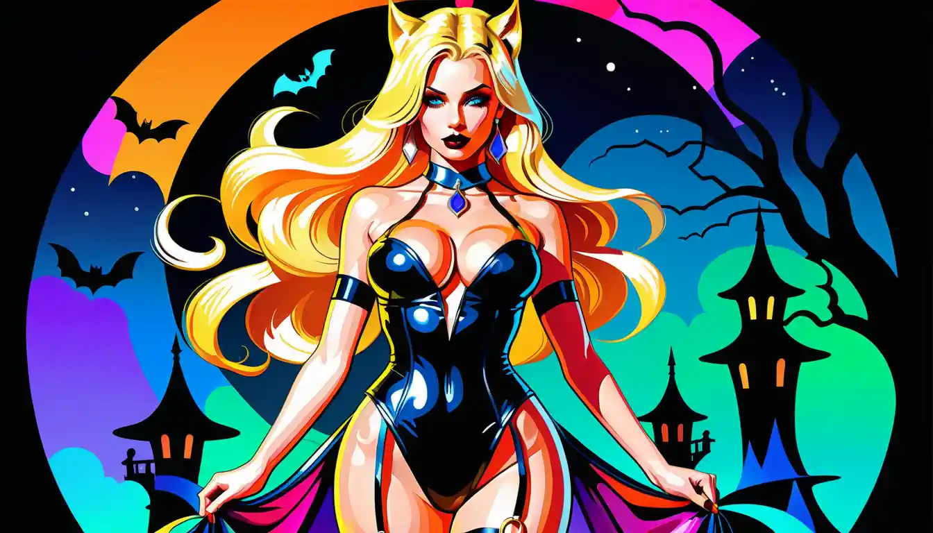Blonde fantasy woman in a revealing Halloween fairytale costume