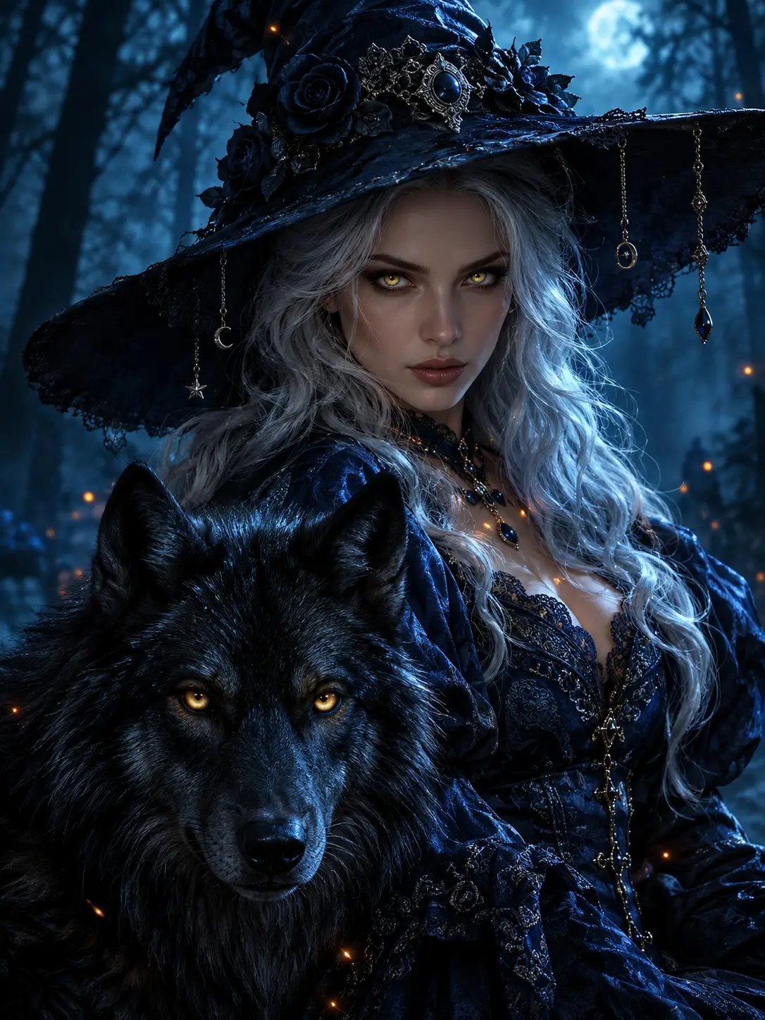 A fantasy witch stands beside a black wolf in a moonlit forest